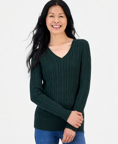 Style & Co Women's Cotton Cable-knit V-neck Sweater, Created For Macy's In Nocturnal Green