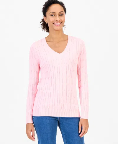 Style & Co Women's Cotton Cable-knit V-neck Sweater, Created For Macy's In Pink Icing