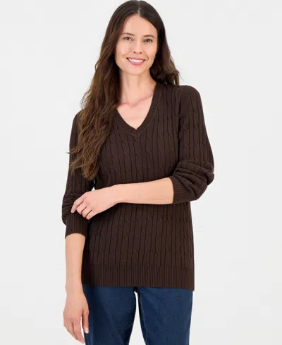 Style & Co Women's Cotton Cable-knit V-neck Sweater, Created For Macy's In Rich Coffee