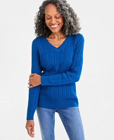 Style & Co Women's Cotton Cable-knit V-neck Sweater, Created For Macy's In Twilight Waters