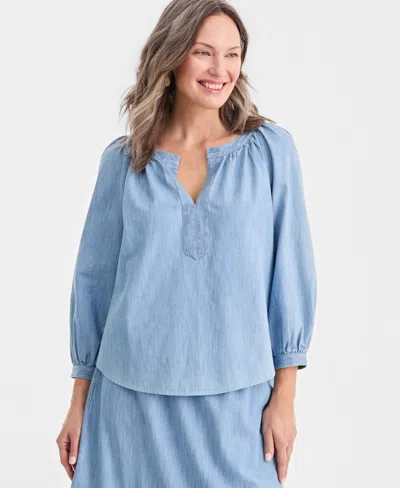 Style & Co Women's Cotton Chambary Split-neck Top, Macy's Exclusive In Blue