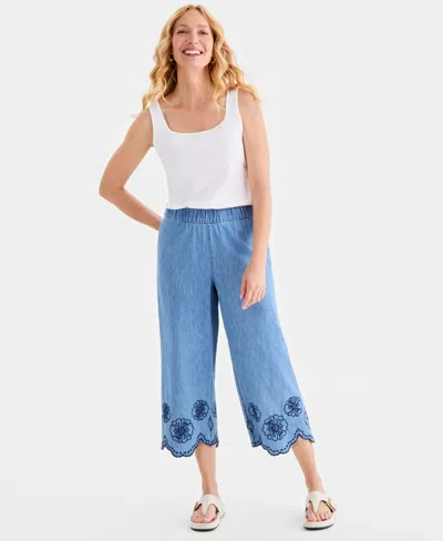Style & Co Women's Cotton Chambray Embroidered-hem Capri Pants, Macy's Exclusive In Multi
