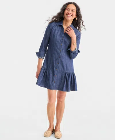 Style & Co Women's Cotton Chambray Peplum Shirt Dress, Macy's Exclusive In Blue
