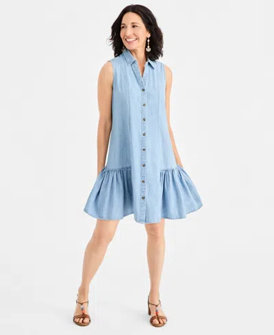 Style & Co Women's Cotton Chambray Sleeveless Dress, Macy's Exclusive In Blue