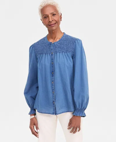 Style & Co Women's Cotton Chambray Smocked Blouse, Macy's Exclusive In Blue