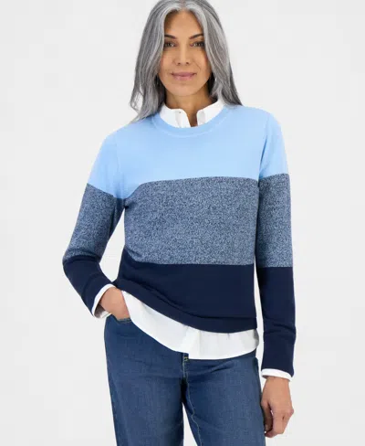 Style & Co Women's Cotton Colorblocked Curved-hem Sweater, Macy's Exclusive In Blue