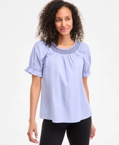 Style & Co Women's Cotton Contrast-stitch Puff-sleeve Top, Exclusively At Macy's In Blue