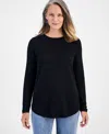 Style & Co Women's Cotton Curved-hem Stitch Sweater, Created For Macy's In Deep Black