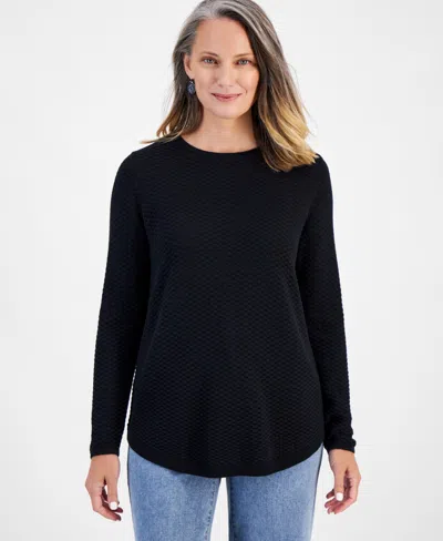Style & Co Women's Cotton Curved-hem Stitch Sweater, Created For Macy's In Deep Black