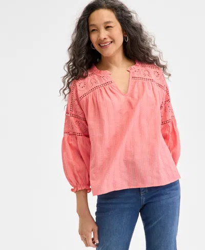 Style & Co Women's Cotton Embroidered 3/4-sleeve Top, Exclusively At Macy's In Embellished Salmon
