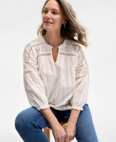 Style & Co Women's Cotton Embroidered 3/4-sleeve Top, Exclusively At Macy's In Embellished Shiitake