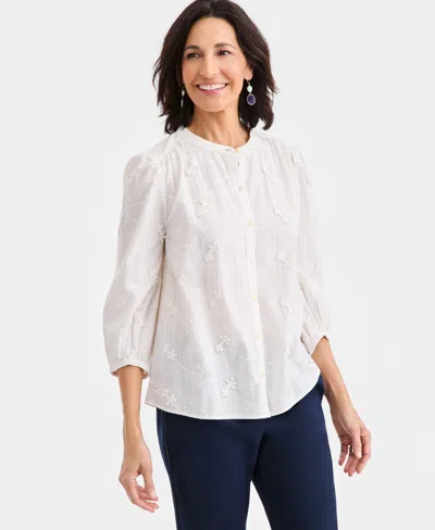 Style & Co Women's Cotton Embroidered Blouse, Macy's Exclusive In Shiitake