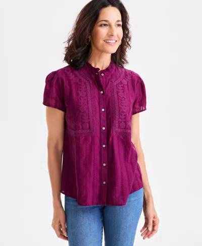 Style & Co Women's Cotton Embroidered Button-front Blouse, Macy's Exclusive In Burgundy