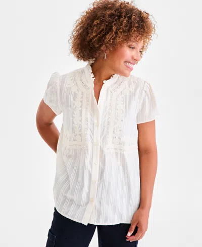 Style & Co Women's Cotton Embroidered Button-front Blouse, Macy's Exclusive In White
