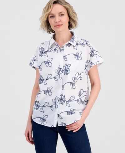 Style & Co Women's Cotton Embroidered Camp Shirt, Macy's Exclusive In Multi