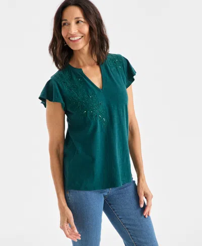 Style & Co Women's Cotton Embroidered Flutter-sleeve Knit Top, Macy's Exclusive In Animal Print