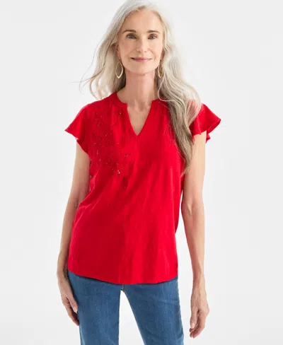 Style & Co Women's Cotton Embroidered Flutter-sleeve Knit Top, Macy's Exclusive In Animal Print
