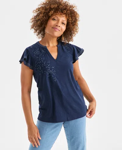 Style & Co Women's Cotton Embroidered Flutter-sleeve Knit Top, Macy's Exclusive In Blue