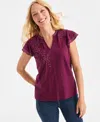 Style & Co Women's Cotton Embroidered Flutter-sleeve Knit Top, Macy's Exclusive In Multi