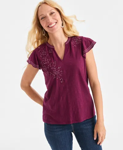 Style & Co Women's Cotton Embroidered Flutter-sleeve Knit Top, Macy's Exclusive In Multi