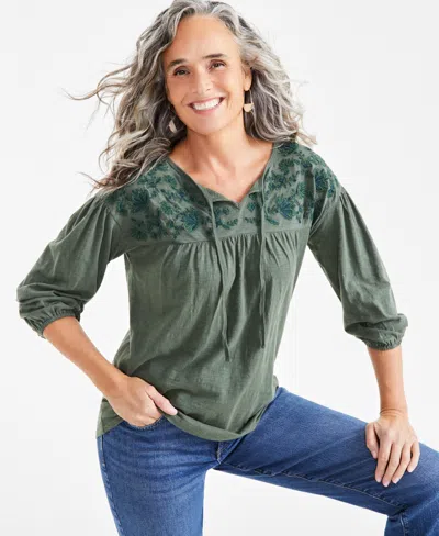 Style & Co Women's Cotton Embroidered Knit Peasant Top, Created For Macy's In Olive