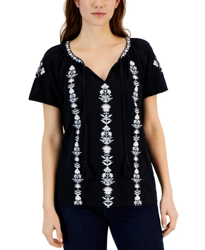 Style & Co Women's Cotton Embroidered Peasant Top, Created For Macy's In Deep Black