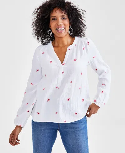 Style & Co Women's Cotton Embroidered Split-neck Gauze Blouse, Created For Macy's In Floral White