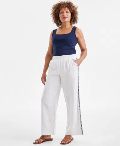 Style & Co Women's Cotton Embroidered Wide-leg Gauze Pants, Exclusively At Macy's In White