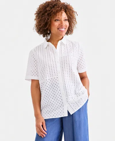 Style & Co Women's Cotton Eyelet Button-front Shirt, Macy's Exclusive In White