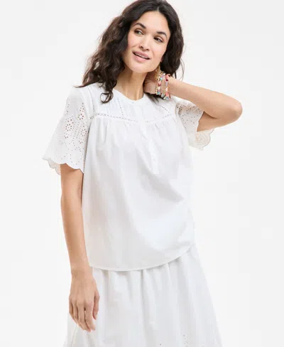 Style & Co Women's Cotton Eyelet-embroidered Pleated Top, Exclusively At Macy's In Bright White