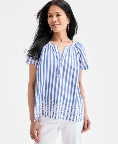 Style & Co Women's Cotton Eyelet Flutter-sleeve Top, Exclusively At Macy's In Blue