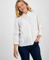 Style & Co Women's Cotton Eyelet-front 3/4-puff Sleeve Blouse, Exclusively At Macy's