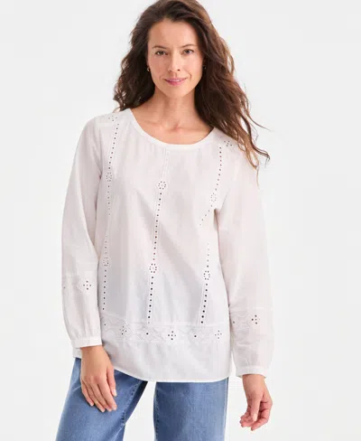 Style & Co Women's Cotton Eyelet Long-sleeve Blouse, Macy's Exclusive In White