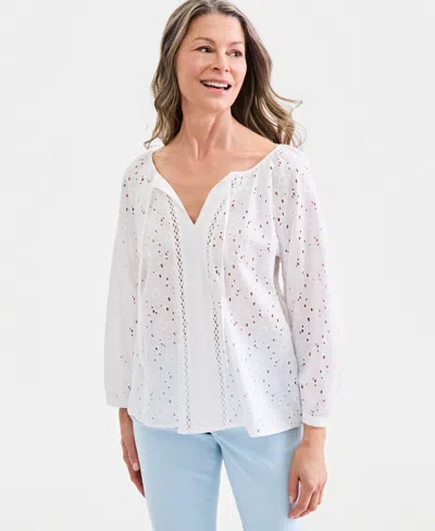 Style & Co Women's Cotton Eyelet Split Neck Long-sleeve Top, Macy's Exclusive In White
