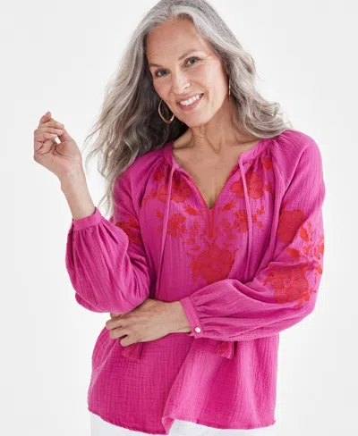 Style & Co Petite Nala Embroidered Popover Peasant Blouse, Created For Macy's In Nala Fuschia