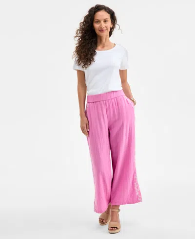 Style & Co Women's Cotton Gauze Embroidered Pull-on Pant, Exclusively At Macy's