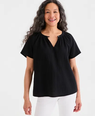 Style & Co Women's Cotton Gauze Flutter-sleeve Top, Macy's Exclusive In Black