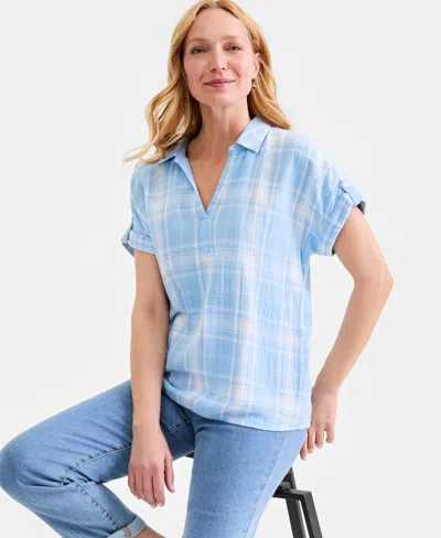 Style & Co Women's Cotton Gauze Plaid Collared Popover Top, Macy's Exclusive In Blue