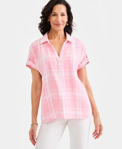 Style & Co Women's Cotton Gauze Plaid Collared Popover Top, Macy's Exclusive In Pink