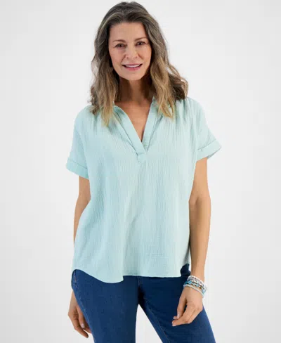 Style & Co Women's Cotton Gauze Popover Collared Top, Created For Macy's In Minty Turq