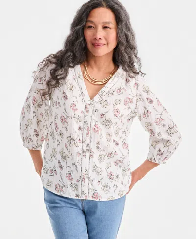 Style & Co Women's Cotton Gauze Printed V-neck Blouse, Macy's Exclusive In White