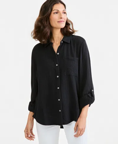 Style & Co Women's Cotton Gauze Roll-tab Shirt, Macy's Exclusive In Black