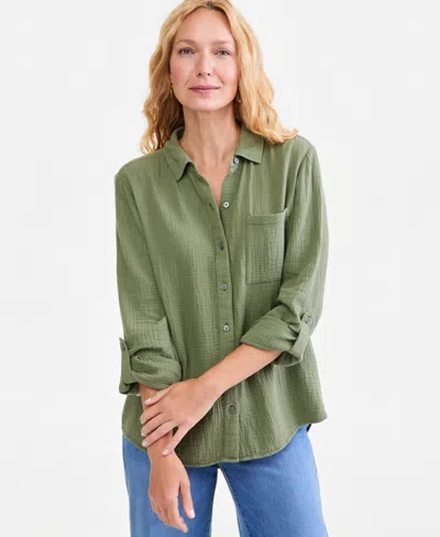 Style & Co Women's Cotton Gauze Roll-tab Shirt, Macy's Exclusive In Green