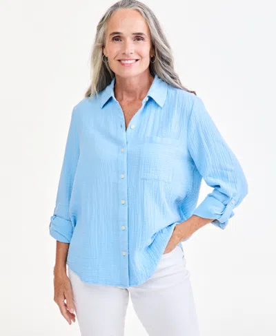 Style & Co Women's Cotton Gauze Roll-tab Shirt, Macy's Exclusive In Blue