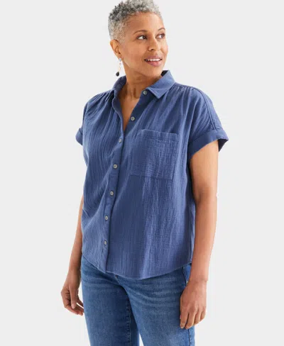 Style & Co Women's Cotton Gauze Short-sleeve Button Up Shirt, Created For Macy's In Blue