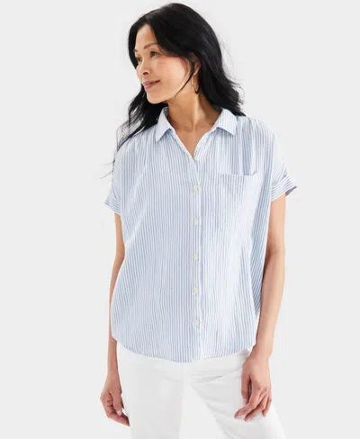 Style & Co Women's Cotton Gauze Short-sleeve Button Up Shirt, Created For Macy's In Blue Stripe