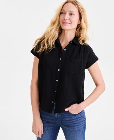 Style & Co Women's Cotton Gauze Short-sleeve Button Up Shirt, Created For Macy's In Deep Black
