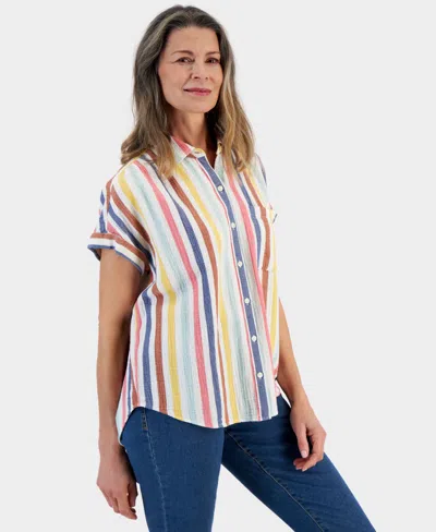 Style & Co Women's Cotton Gauze Short-sleeve Button Up Shirt, Created For Macy's In Multi Stripe