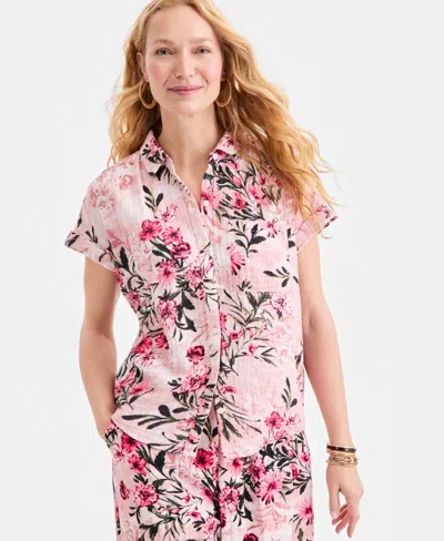 Style & Co Women's Cotton Gauze Short-sleeve Button Up Shirt, Created For Macy's In Multi