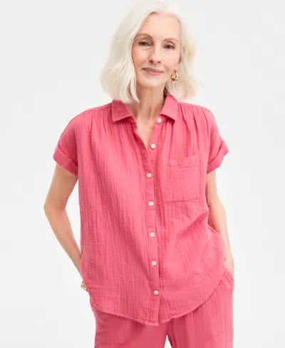 Style & Co Women's Cotton Gauze Short-sleeve Button Up Shirt, Created For Macy's In Red Granite
